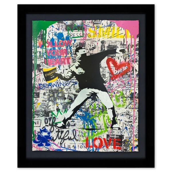 Mr. Brainwash, "Banksy Thrower" Framed Original Mixed Media, Hand Signed with Ce