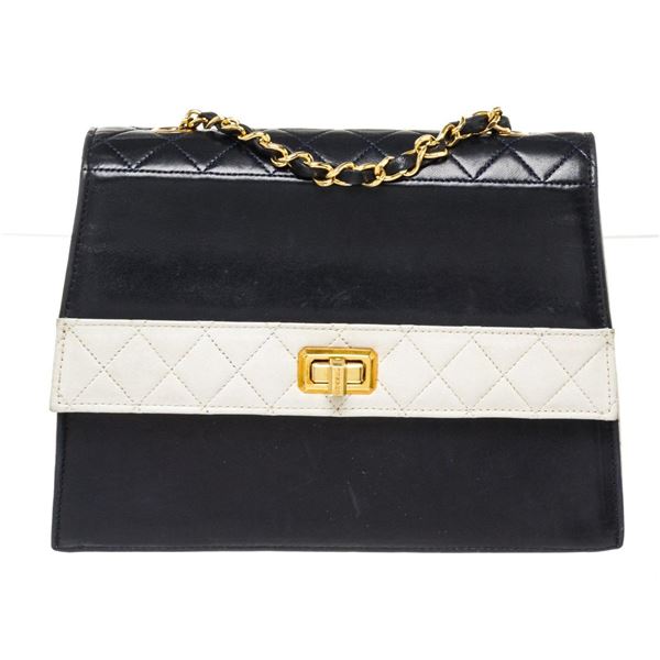 Chanel Navy White Lambskin Two Tone Flap Shoulder Bag