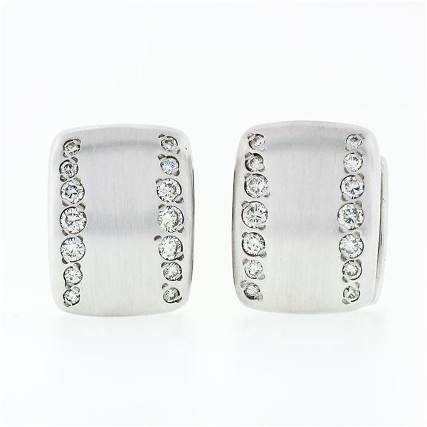 Brushed 18k White Gold 0.40 ctw 2 Row Pave Set Round Diamond Huggie Hoop Earring