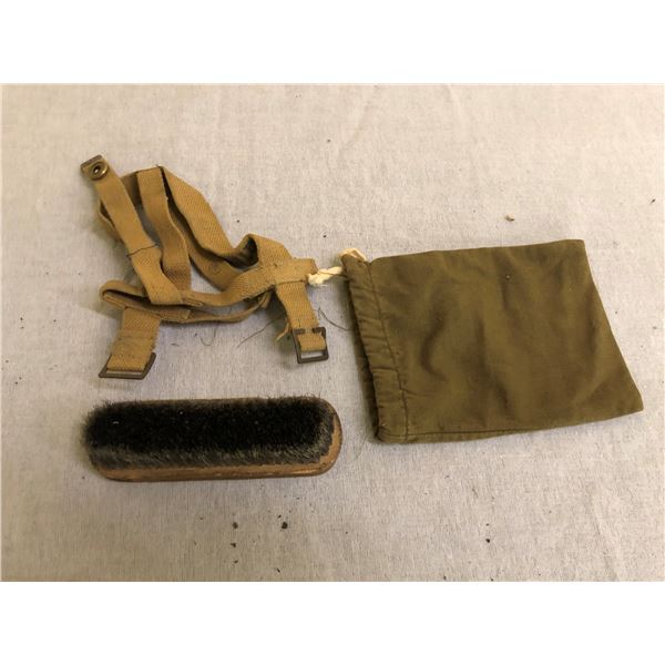 WWII lot of canteen carrier, ditty bag and 1945 dated boot brush