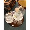 Image 1 : Table lot of Glass Canisters and Two Beautiful Glass Domed Covers with tassels on painted white wood