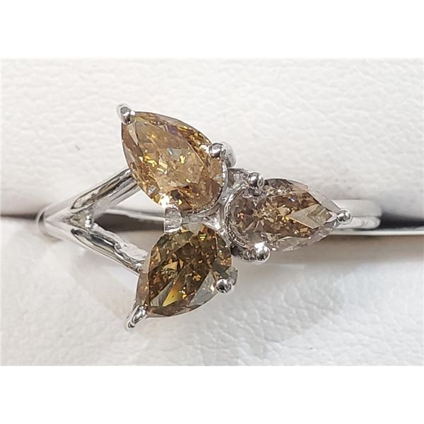10K White Gold Diamonds(1.6Ct,I1-I3,Fancy Brown And Yellow) 3 Pear Shaped Diamonds, With A Split Sha