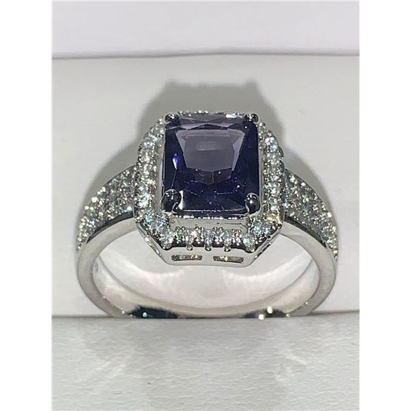 Amythest 1.20 Carat Emerald Cut Solitaire .925 Silver Ladies Ring size 7