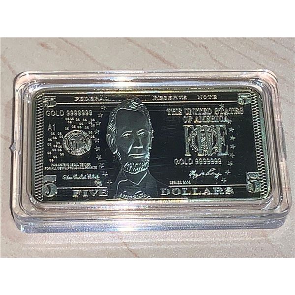 Federal Reserve commemorative Gold Plated one ounce wafer five dollar bill cased