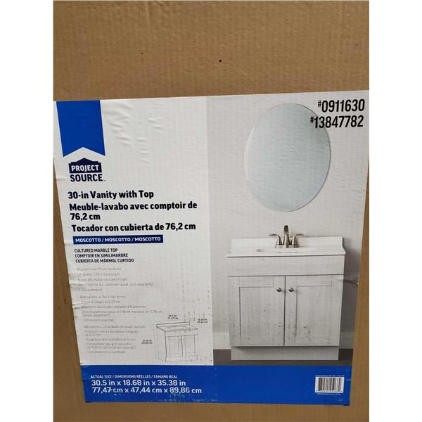 *NEW* Project Source 30" Marble top White Vanity with Sink and Brushed Nickel Hardware. Pre Drilled 