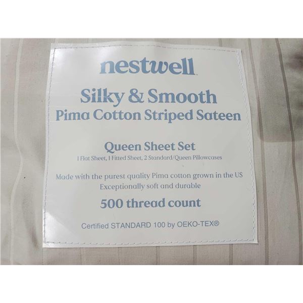 *NEW* Nestwell Silky & Smooth Pima COtton Striped Sateen Queen Sheet Set - 500 Thread Count