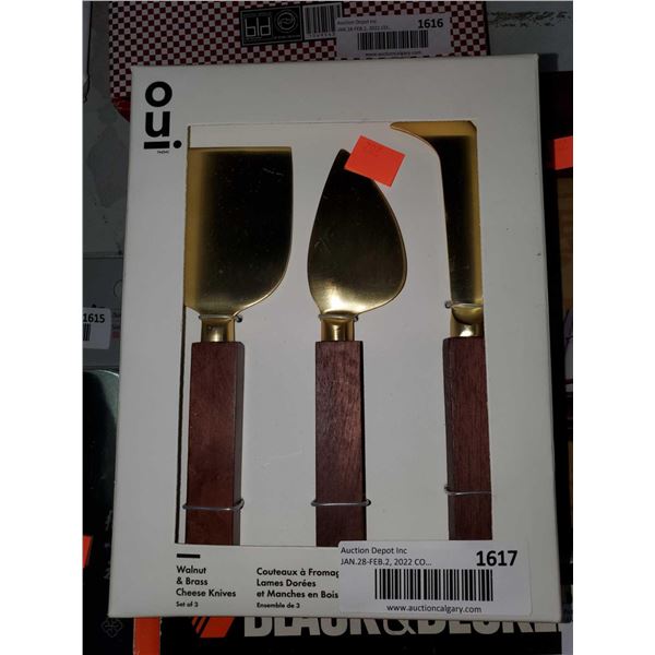 *NEW* 3 Piece OUI Walnut & Brass Cheese Cutting Set - Includes a pointed blade for hard cheese, a sp
