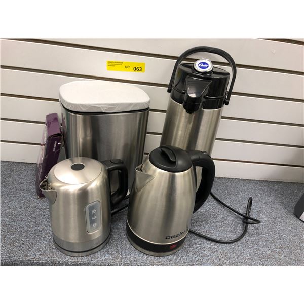 Group of Stainless Steel Items - Coffee Maker, Carafe, Kettle and Small Garbage Can