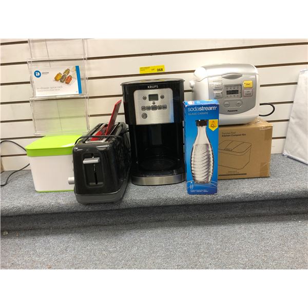 Group of Kitchen Items - Toaster, Krups Coffee Maker, Soda Stream, Indrawer Spice Rack and Compost B