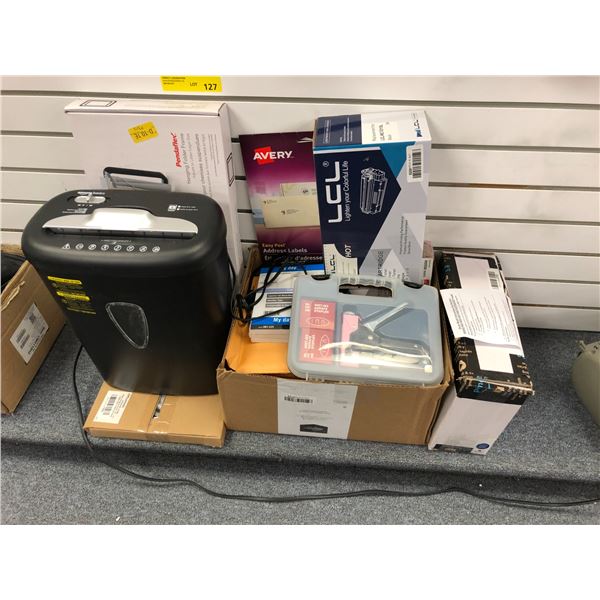 Group lot of Office Items - including paper schreder, labels, toner cartridges, stapler,
