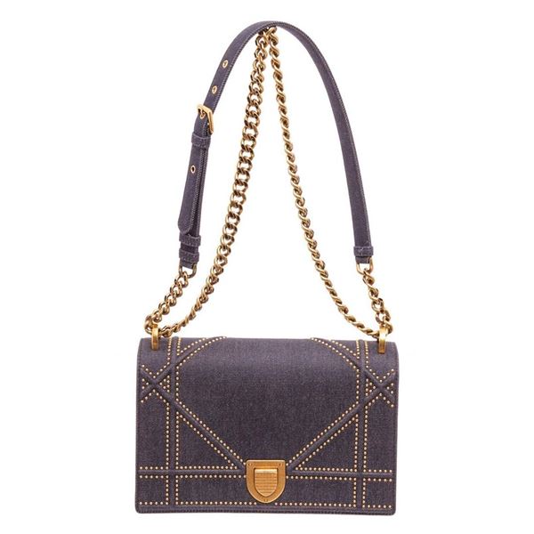 Christian Dior Blue Denim Gold Stud Diorama Flap Shoulder Bag