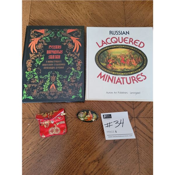 Russian 1980s Hand Painted Black Lacquer Broach with Reference Guides