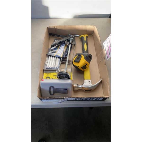 TRAY OF TOOLS AND HARDWARE - HAMMER, PUNCHES, CAULKING GUN, TAPE MEASURE, JIGSAW BLADES AND SCREWS