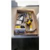 Image 1 : TRAY OF TOOLS AND HARDWARE - HAMMER, PUNCHES, CAULKING GUN, TAPE MEASURE, JIGSAW BLADES AND SCREWS