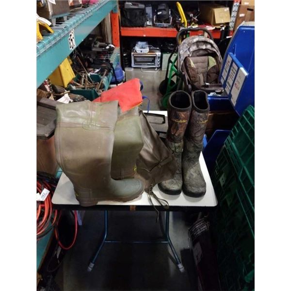 CABELAS SIZE 8W BOOTS, PAIR OF SIZE 8 HIP WADERS, TACKLEBOX WITH CONTENTS, LIFE JACKET AND 30 POUND 