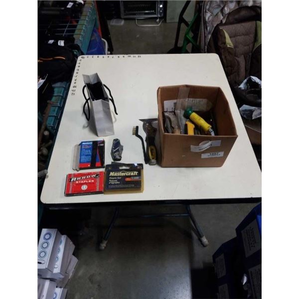 BOX OF HAND TOOLS, UTILITY KNIVES, TAPS AND DIES AND TAP WRENCHES