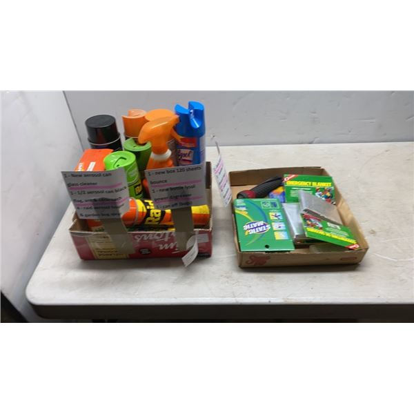 2 TRAYS OF SPRAYS, BUG SPRAYS, INSECT REPELLANT, EMERGENCY BLANKETS, FLASHLIGHT