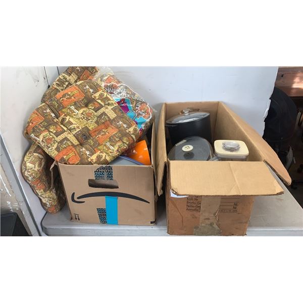 2 BOXES OF KITCHEN ITEMS, APPLIANCES AND CUSHIONS