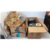 Image 1 : 2 BOXES OF KITCHEN ITEMS, APPLIANCES AND CUSHIONS