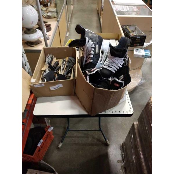 TRAY OF WOOD CASES, KITCHEN UTENSILS AND ICE SKATES