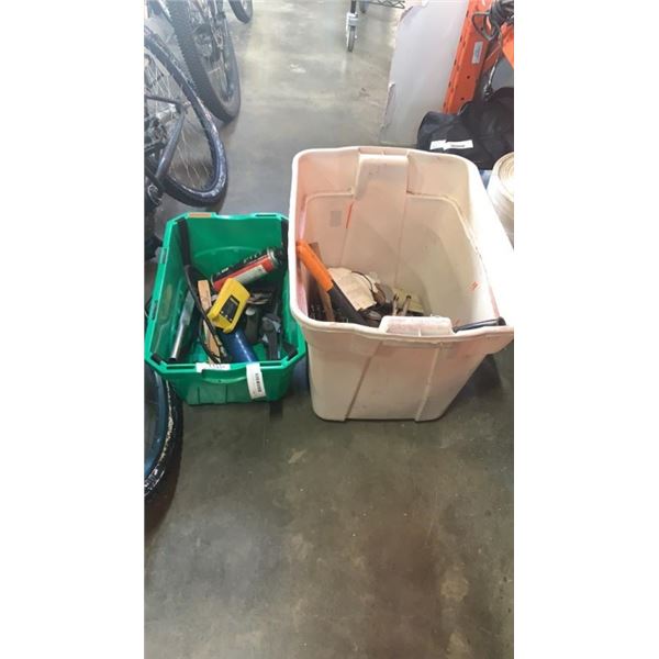 TOTE AND BIN OF TOOLS, GREASE GUN, HAND PLANER