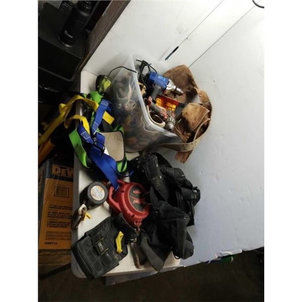 LOT OF TOOLBELTS, FALL ARREST HARNESSES AND TOOLS