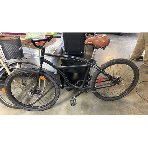 BLACK BIKE WITH DISC BRAKES, EVERYDAY SEAT, COLUMBIA GRIPS, FLAME BRAKES