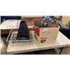 Image 1 : 2 WICKER AND WIRE WINE CADDIES, WIRE BASKER AND RACKS AND METAL SHADE
