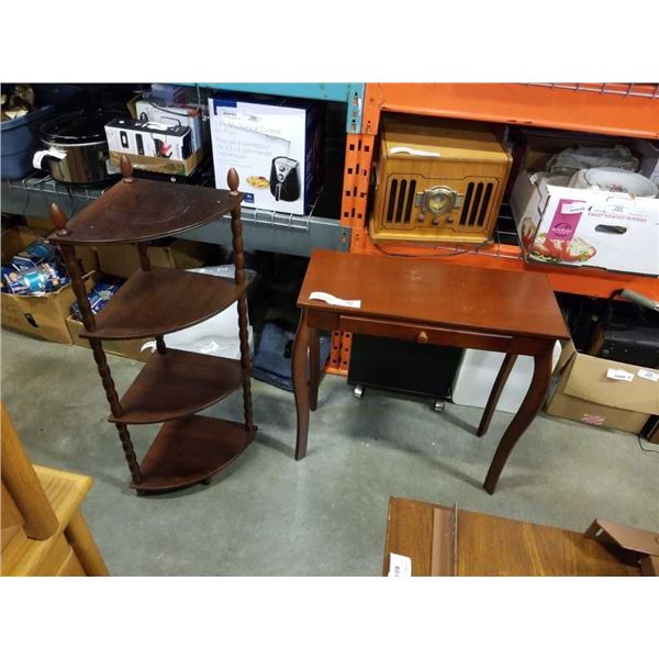 WOOD SIDE TABLE AND WOOD TURNED CORNER SHELF