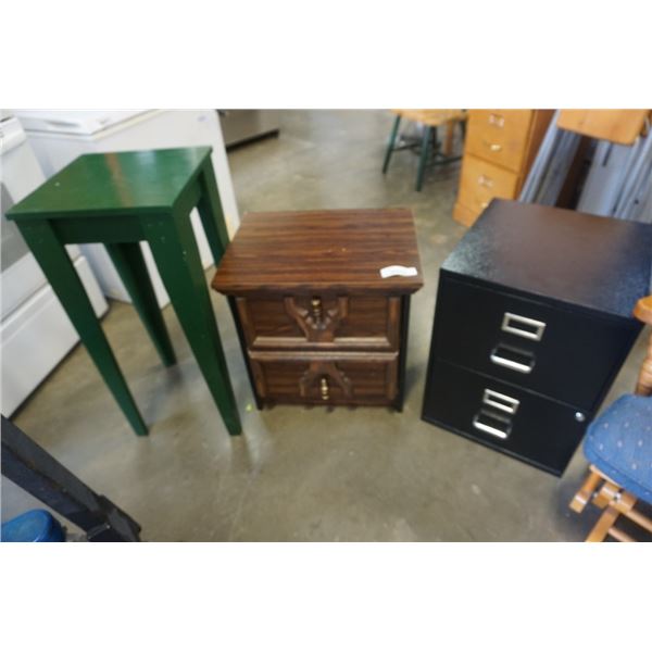 2 DRAWER FILING CABINET, 2 DRAWER ENDTABLE AND GREEN PLANTER STAND