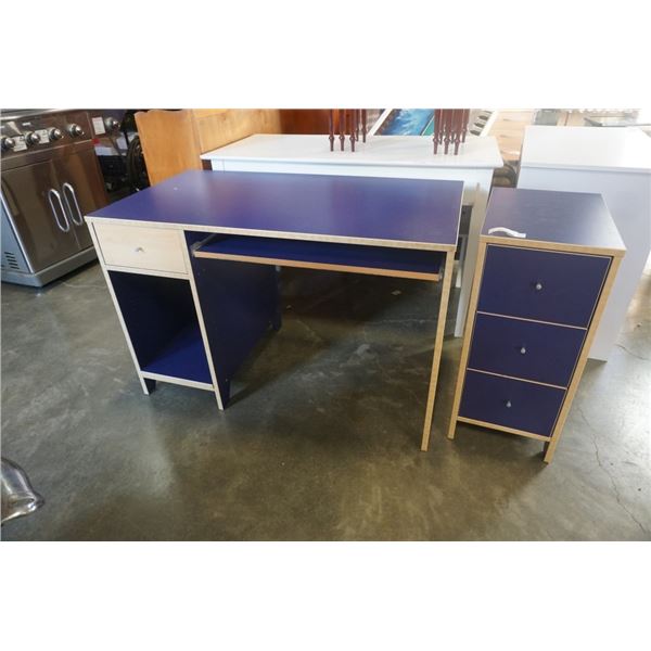 BLUE AND MAPLE PEDESTAL DESK AND 3 DRAWER STAND