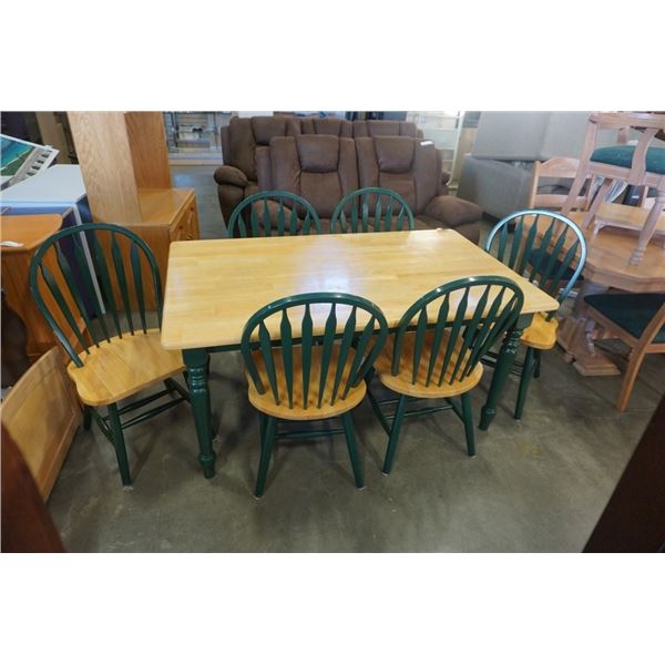 GREEN AND MAPLE DINING TABLE WITH 6 CHAIRS