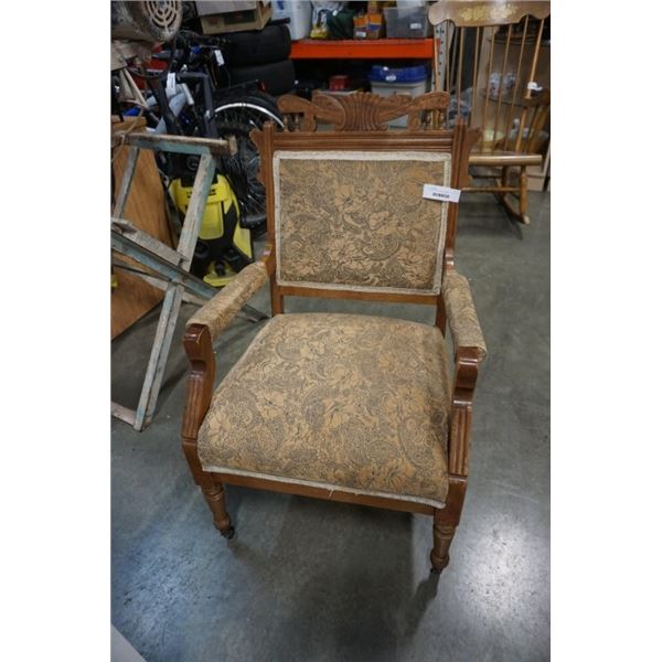 VINTAGE CARVED WOOD FRAMED ARMCHAIR