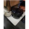 Image 2 : BOX OF KITCHEN ITEMS, POTTERY DISH, CROCK POT, COPPER WARMING DISH