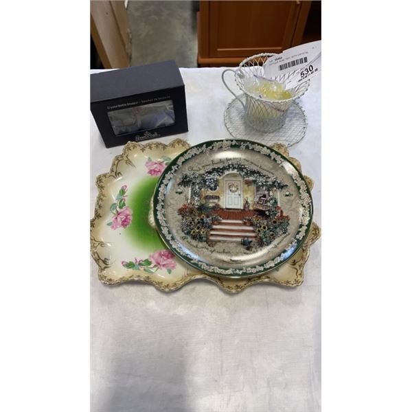 ANTIQUE ROSE TRAY, WITH CRYSTAL BOTTLE STOPPER, GANZ STRIPED PLAT AND GLORIA KING COLLECTOR PLATE