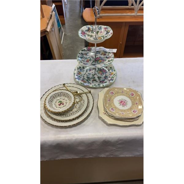 LOT OF ROYAL WINTON AND ROYAL ALBERT PLATES WITH 2 - 3 TIER SERVING PLATES