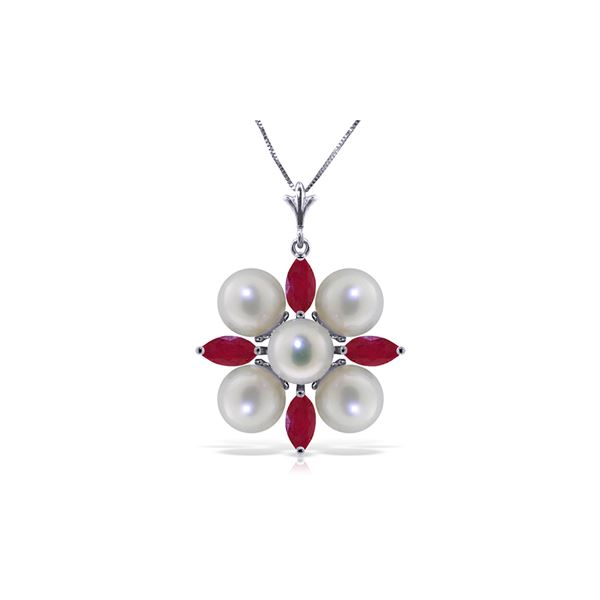Genuine 6.3 ctw Ruby & Pearl Necklace 14KT White Gold - REF-62X6M
