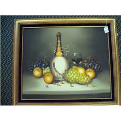Signed RIDDICK Wine and Fruit Still-life Oil on Canvas: