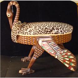 African Carved Bird Stool with Animal Hide Cushion: