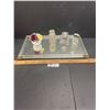 Image 2 : Antique Mirrored Vanity Tray with Glass Rails, French Perfume Bottles and English Floral