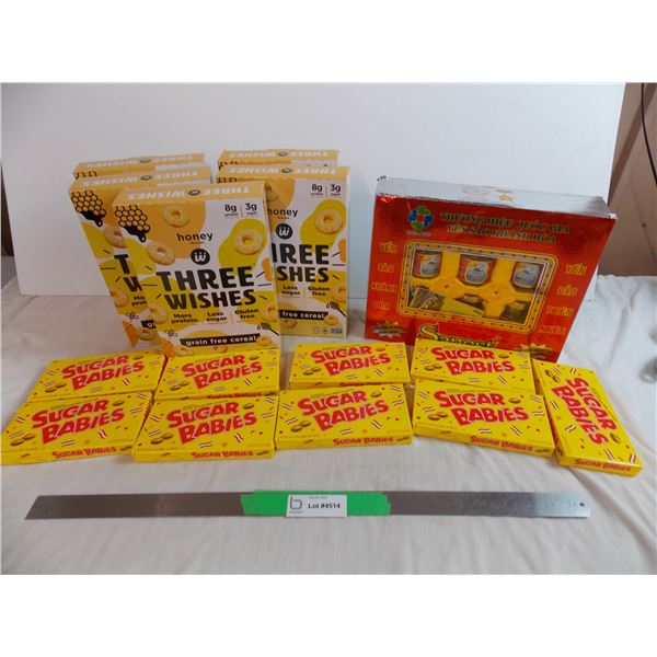 Open case of 2009 Sugar babies (expired?) + Three wish cereal (exp apr 2022) + Vietnam jars of ?