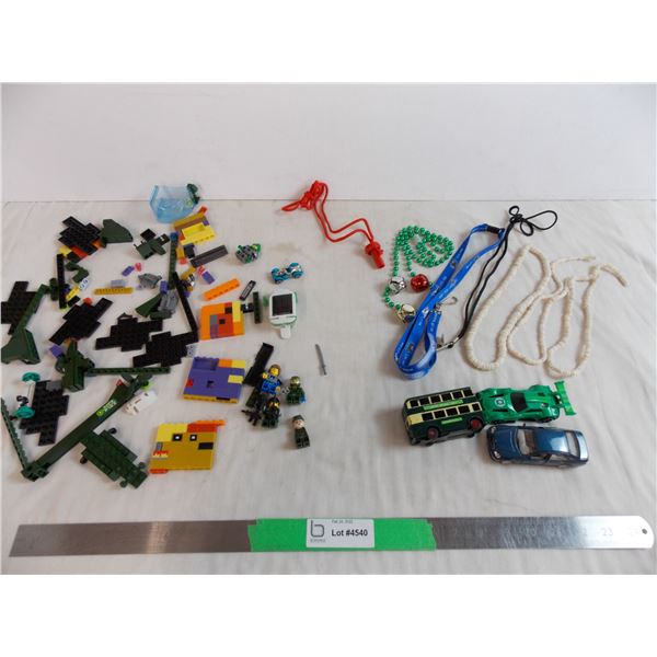 Assorted lego , lanyards and miniture cars