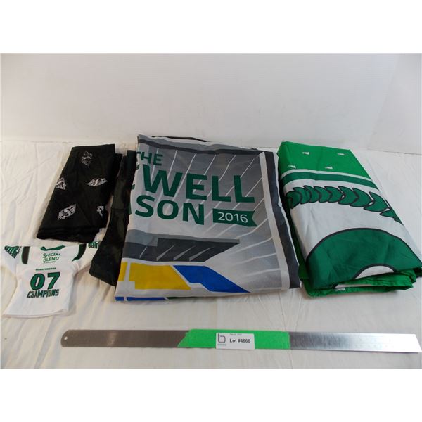 Saskatchewan Rough Riders flags and mini jersey