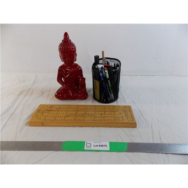 Buddha ceramic figure, crib board, pen/pencil holder with misc inside