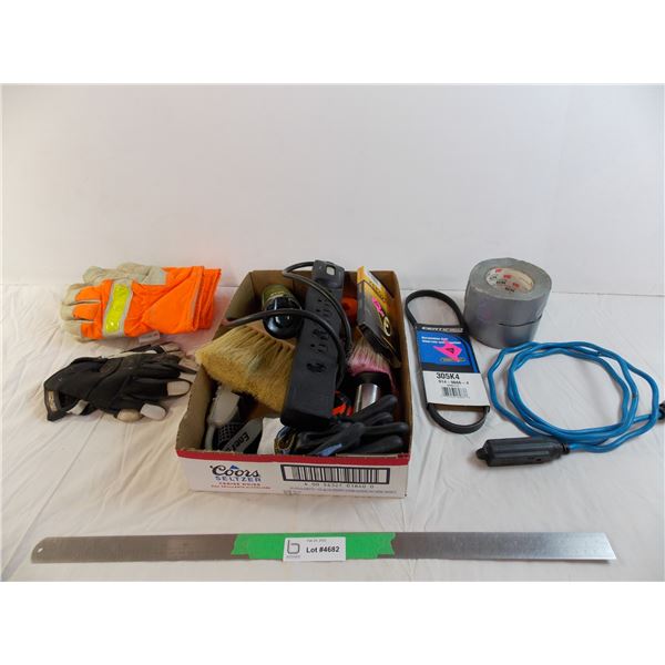 Surge protectors, short extension cord + work gloves, misc