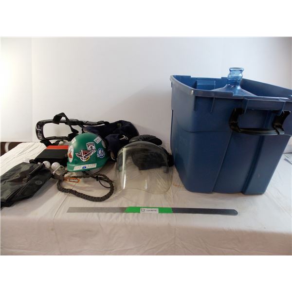 plastic tote (no lid) with hard hat, kneepads, brace, face shield, water bottle, misc