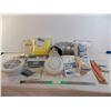 Image 1 : box of various items, vent, gown, gauze, home repair