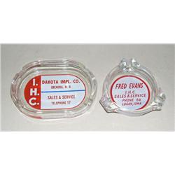 (2) Small IH Glass Ashtrays--Logan, IA & Grenora, ND