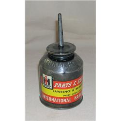 IH Embossed Top Oil Can w. dealership sticker from Port Hope, Ontario