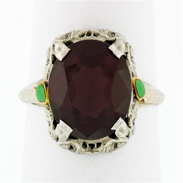 Antique Art Deco 14k Gold Oval Rhodolite Garnet Solitaire & Enamel Filigree Ring